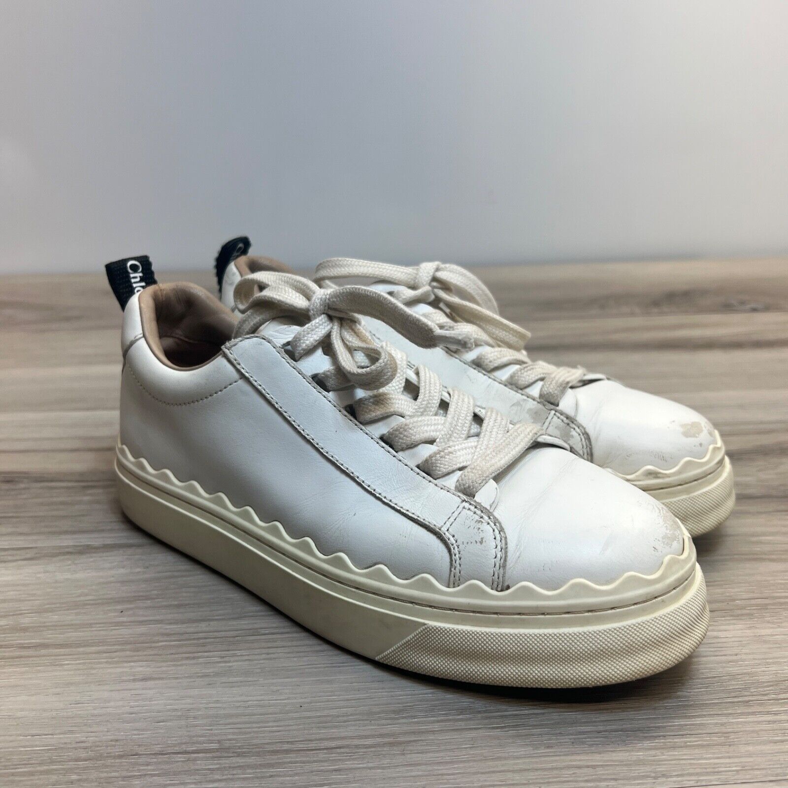 Chloe Lauren Leather Sneakers Low Top White Round Toe Lace Up Women's Size 38